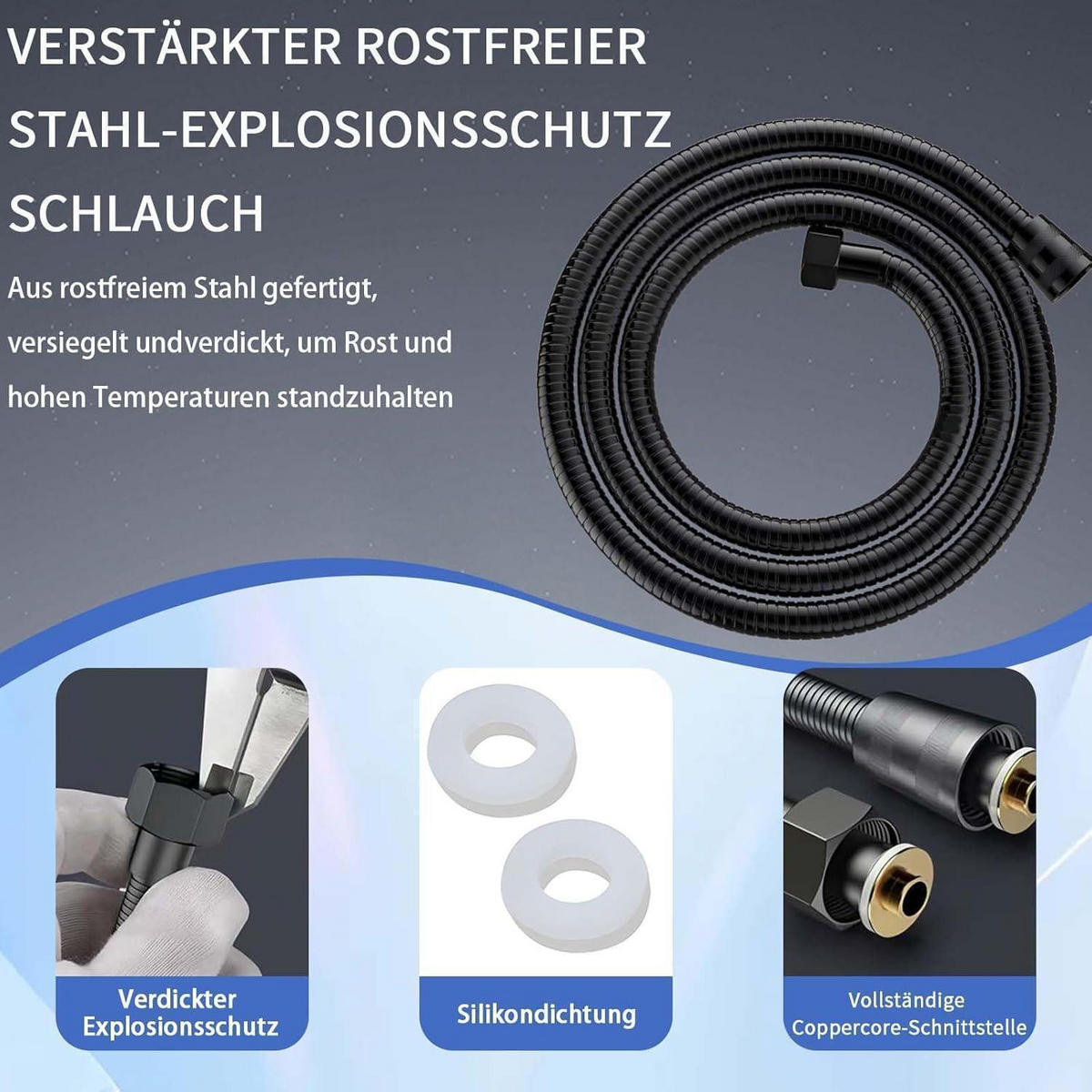 DUSCHKOPF mit Schlauch Schwarz 1.5m 8 Strahlarten Stoppfunktion - Schwarz, Kunststoff (12/12.7/26cm)