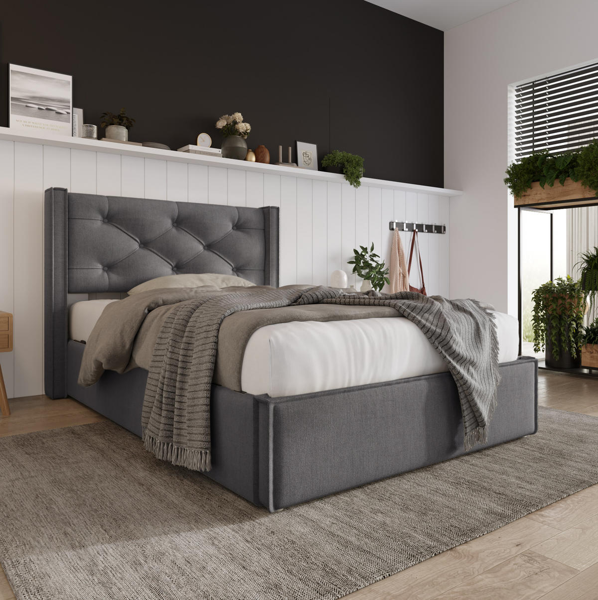 ČALOUNĚNÁ postel 90/200 cm šedá z bavlny, masivního dřeva a kovu s úložným prostorem a matrací - šedá, textil (90/200cm) - OKWISH