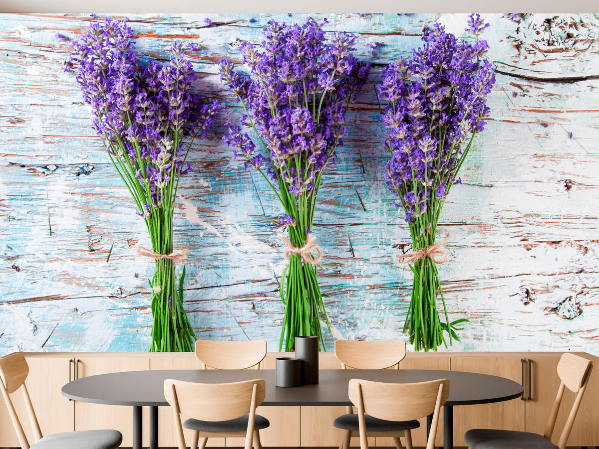 FOTOTAPETE für Küche Lavendelblüten Lila Holz Rustikal 250x175 - Violett/Weiß, Papier (250/175cm) - Muralo