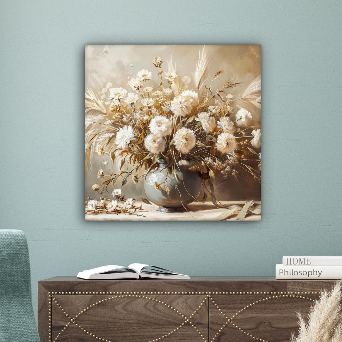 LEINWANDBILD Blumen - Vase - Stilleben - Beige 50x50 cm - Creme, Textil (50/50cm) - MuchoWow