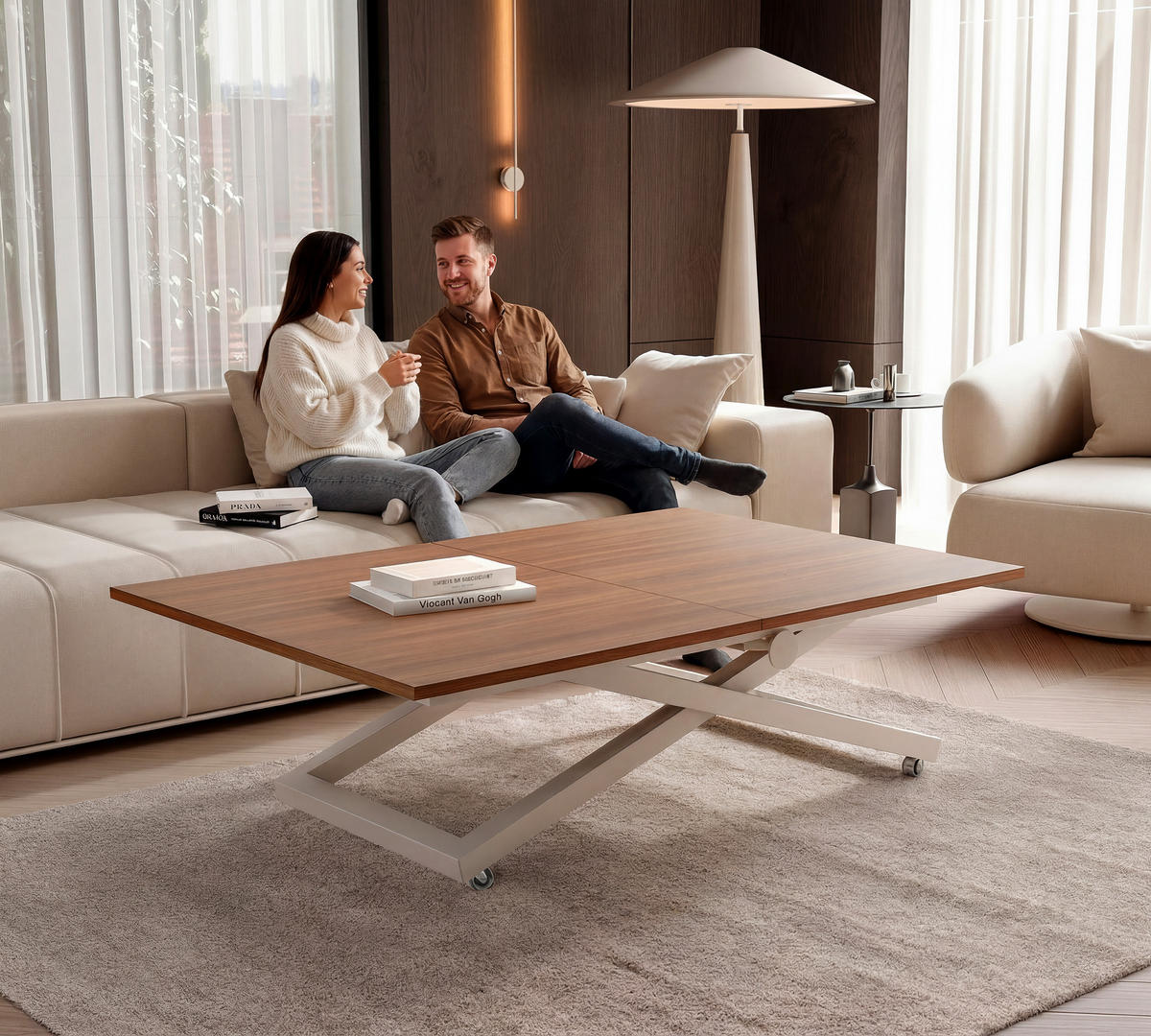 COUCHTISCH ARIA 120-160/80 cm, Höhenverstellbar, Kaschmir / Franklin-Nussbaum - Kaschmir/Nussbaumfarben, Holzwerkstoff/Metall (120/80/38cm) - Idohome