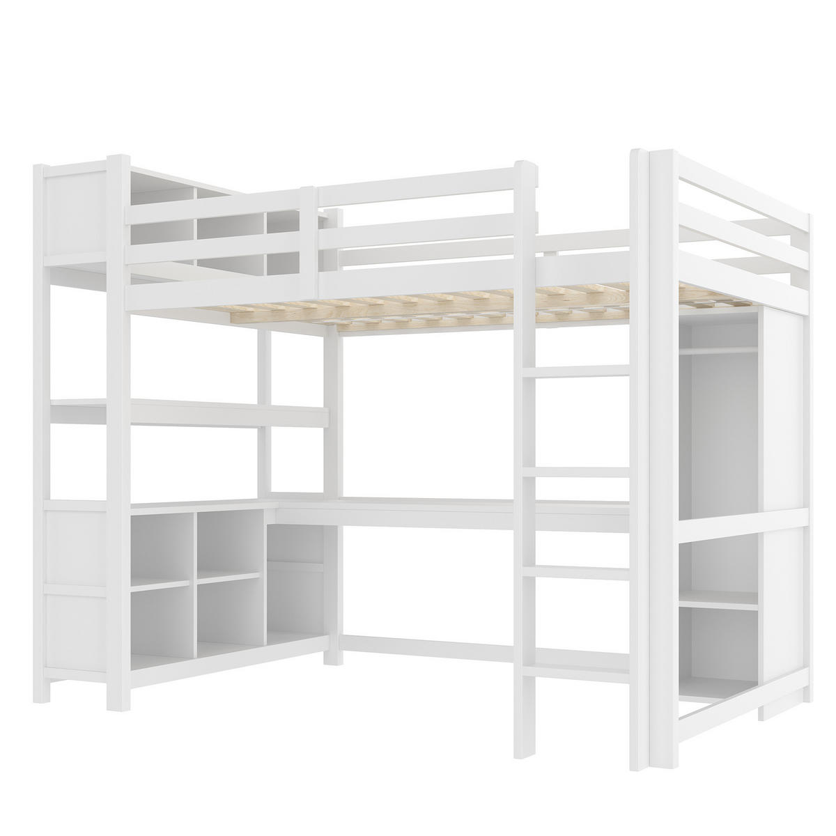 HOCHBETT 140/200 cm in Weiß – mit Schreibtisch, Regalen und Kleiderschrank - Weiß, Holz (140/200cm) - BEAOK