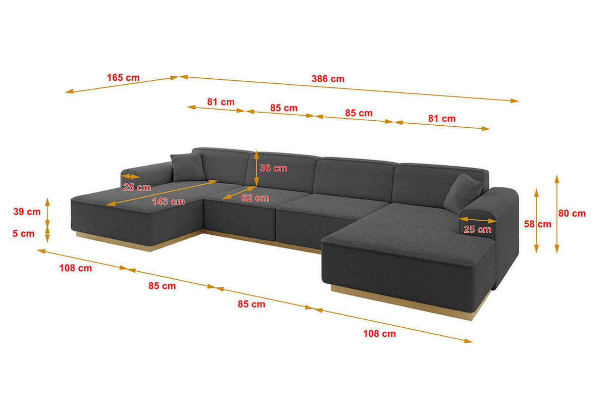 WOHNLANDSCHAFT IREA-U2-v2 - 386x165x80 cm Grau - Olivgrün, Holzwerkstoff/Textil (386/80/165cm) - ALTDECOR