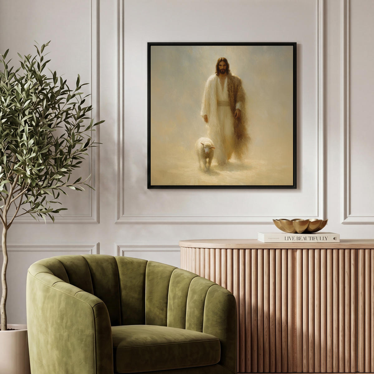 LEINWAND Bilder mit Rahmen - Schaf - Jesus - Pinselstriche - Abstrakt - 50x50 - Beige, Textil (50/50cm) - MuchoWow