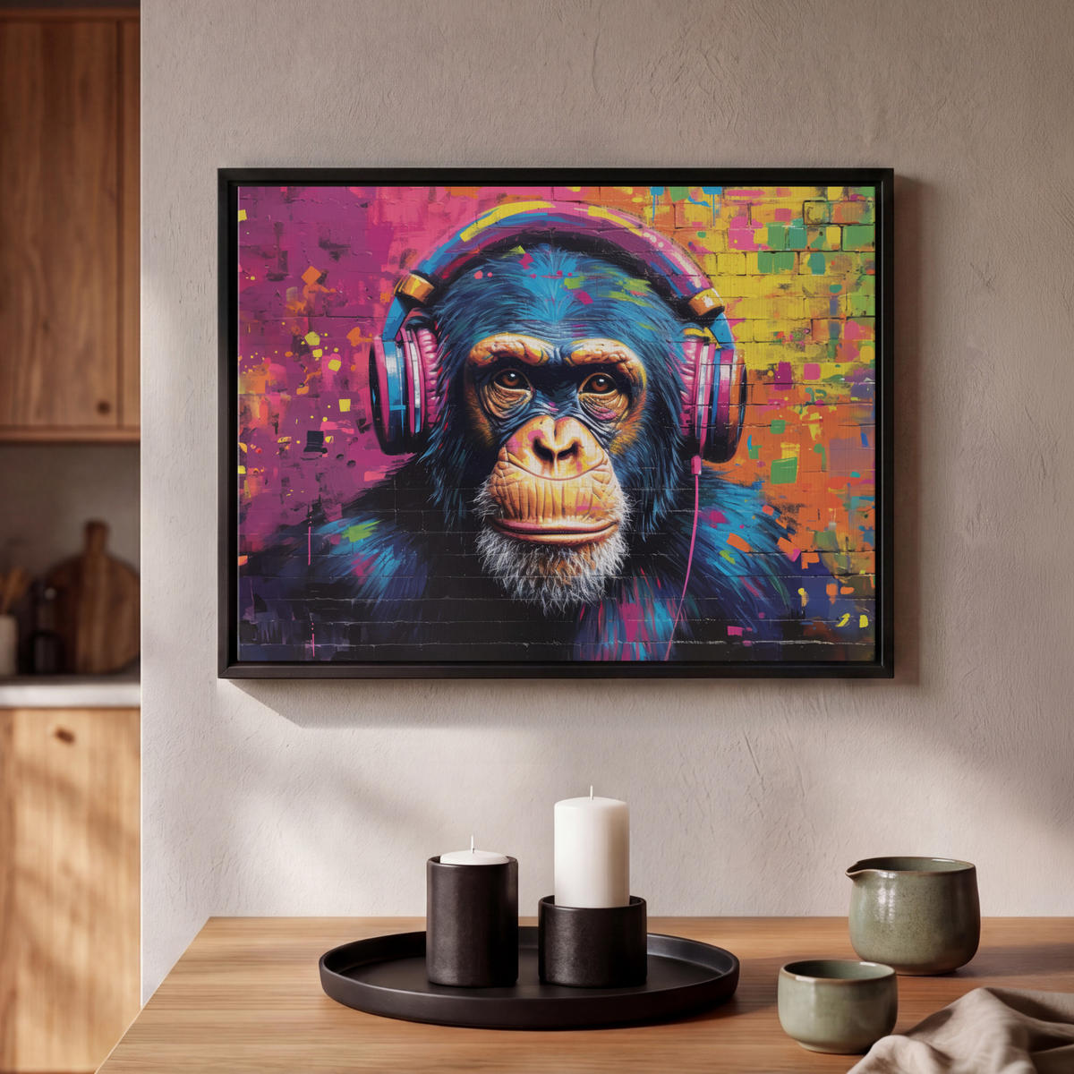 LEINWAND Bilder mit Rahmen - Graffiti - Schimpanse - Straßenkunst - Kopfhörer - Affe - 40x30 - Blau, Textil (40/30cm) - MuchoWow
