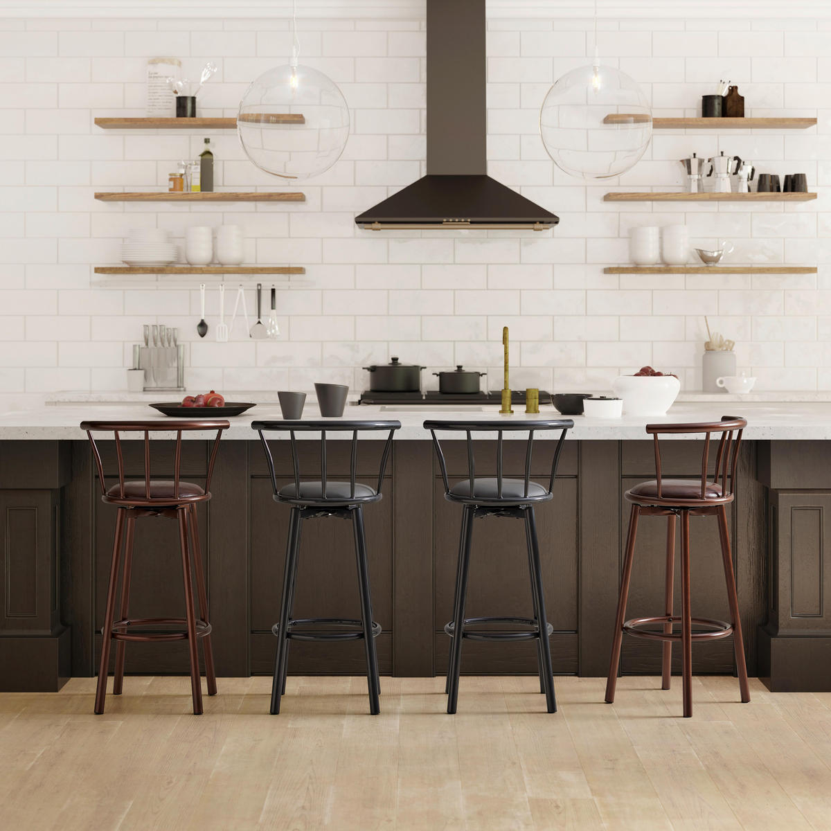 BARHOCKER-SET Fabio Grau Lederlook Gepolstert - Grau, Holz (43/96/52cm) - Bessagi Home