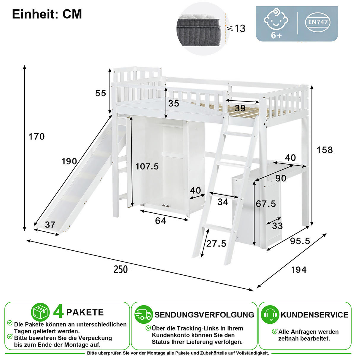 PATROVÁ POSTEL 90/200 cm v bílé barvě se skluzavkou, stolem a šatní skříní - bílá, dřevo/kompozitní dřevo (90/200cm) - CHICFURN