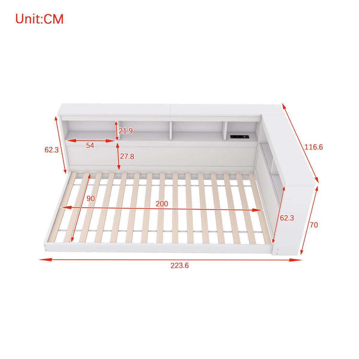 TAGEBETT 90x200cm Weiß Spanplatte Steckdose USB - Weiß, Holz (90/200cm) - FLIEKS