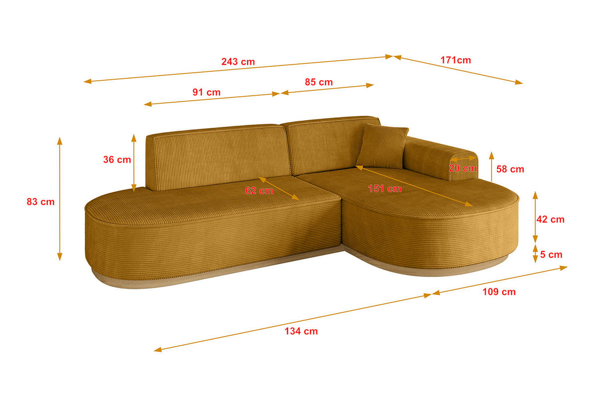 ECKSOFA Ottomane Rechts MARI-L1-v2 - 243x171x83 cm Senfgelb Cord - Gelb, Holzwerkstoff/Textil (171/243cm) - ALTDECOR