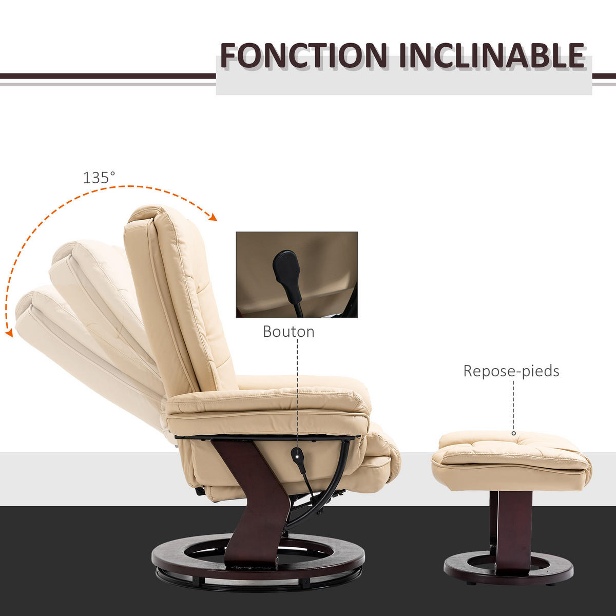 RELAXSESSEL DE-17417 135° neigbar, 360° drehbar mit Fußstütze Beige - Beige, Holz (82/106/85cm) - ComfortXL
