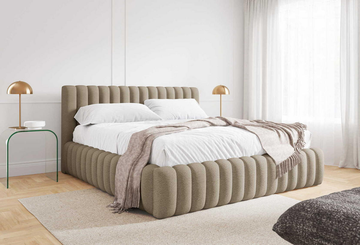 DOPPELBETT Bouclé 160x200 Livia mit Mettalllattenrost, Bettkasten, Beige - Beige, Holz/Textil (160/200cm) - Emporius