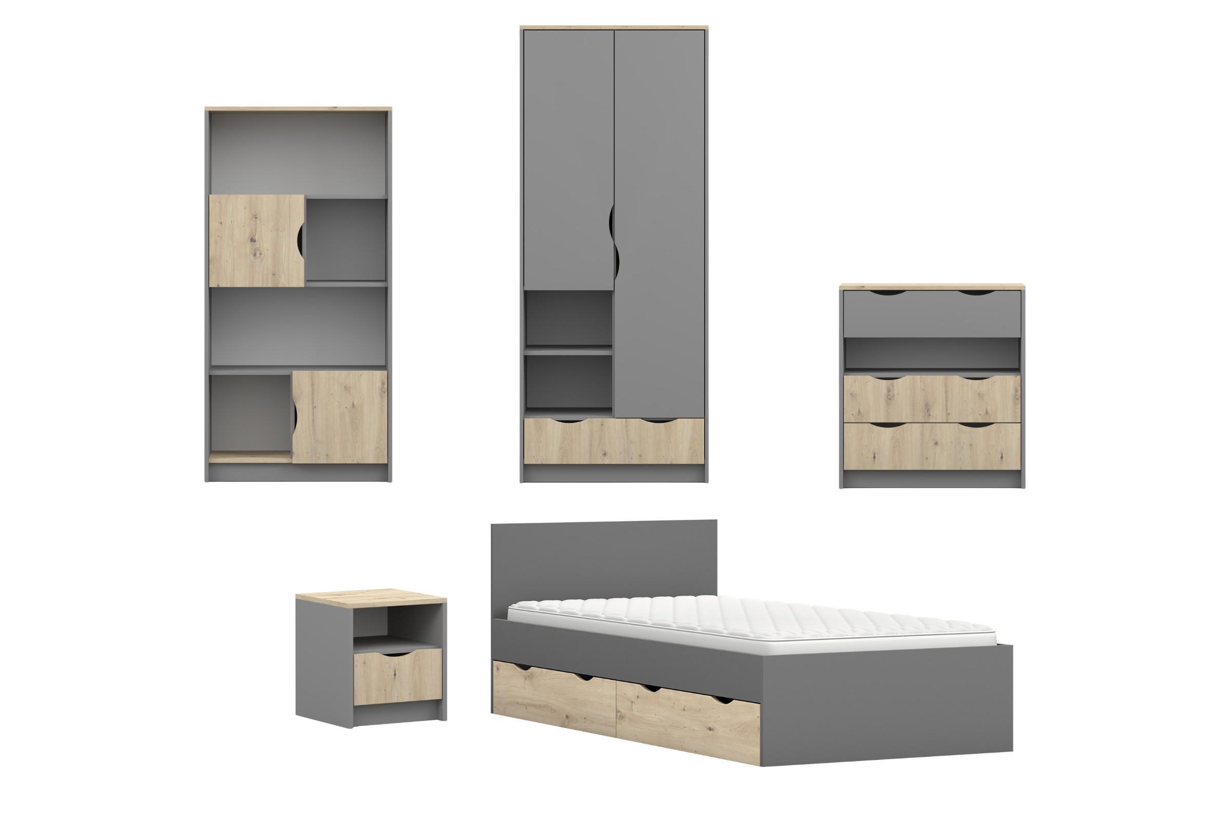 JUGENDZIMMER-SET JUMI B 5-teilig in Grau/Eiche Artisan - Eiche Artisan/Grau, Holzwerkstoff (374/193/205cm) - Deine Möbel 24