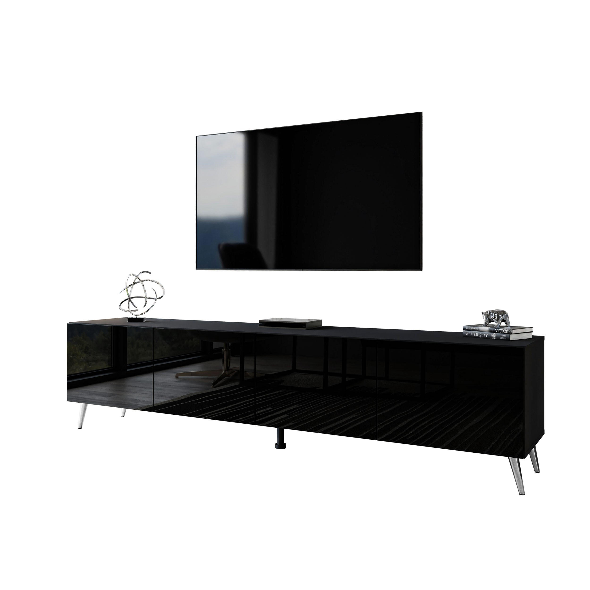 TV-ELEMENT AURA 200 Schwarz Hochglanz – Beinfarbe: Chrom - Schwarz, Holzwerkstoff (200/49/40cm) - Lookway