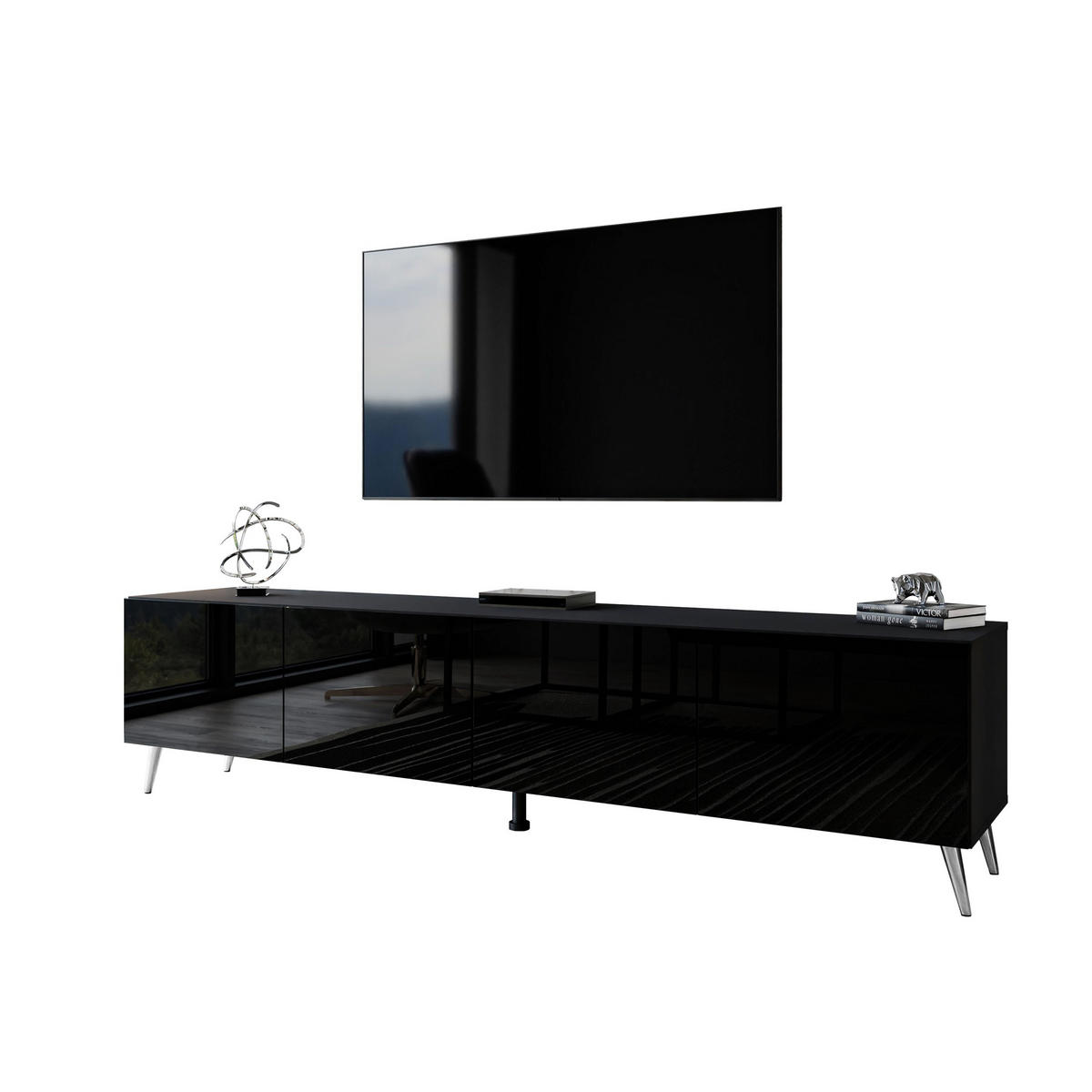 TV-ELEMENT AURA 200 Schwarz Hochglanz – Beinfarbe: Chrom - Schwarz, Holzwerkstoff (200/49/40cm) - Lookway