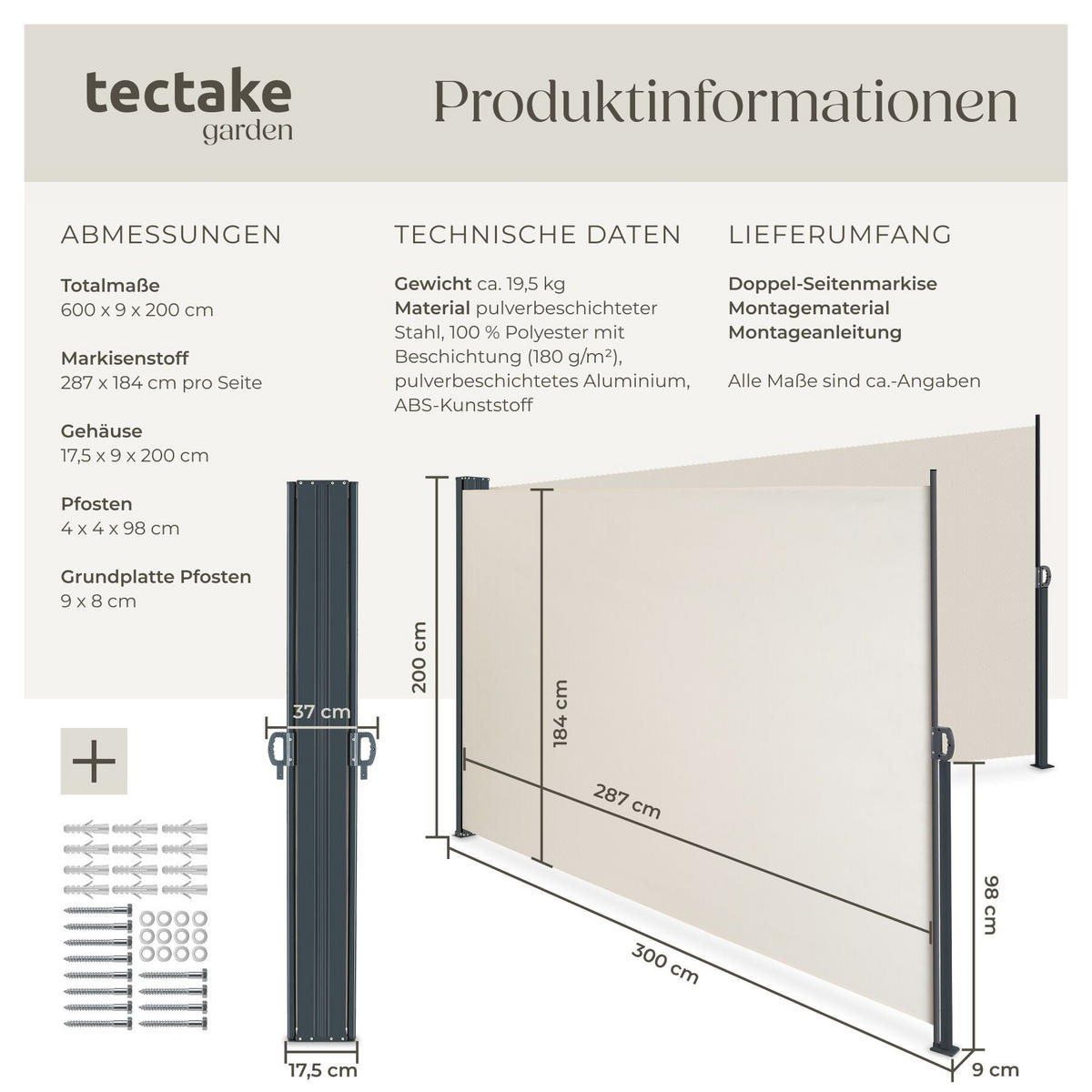 DOPPEL-SEITENMARKISE , ausziehbar, mit Aufrollmechanismus, beige - Beige, Textil (600/200/9cm) - tectake