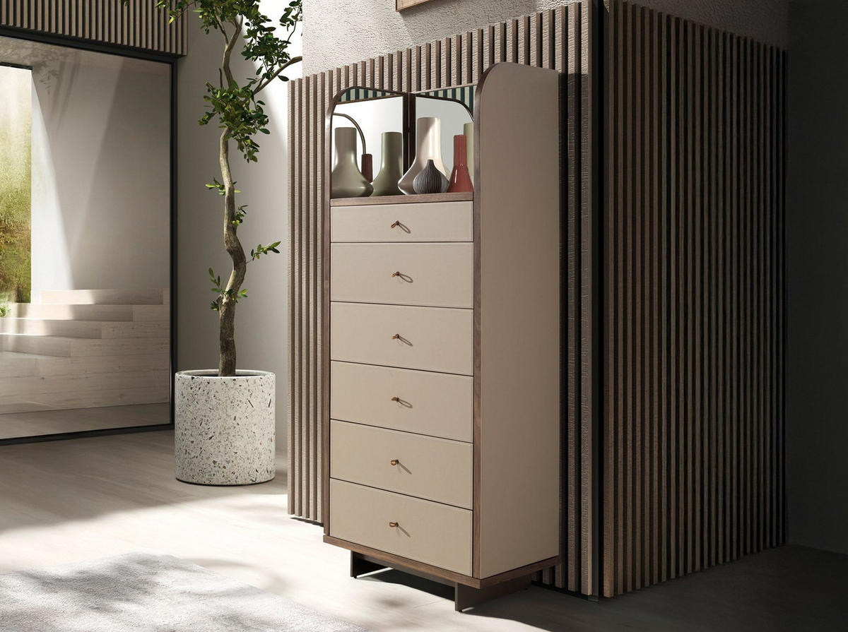 HIGHBOARD Chifonier Leder, Nussbaum und polierter Stahl mit Spiegel 65/42/168 cm - Silberfarben/Walnussfarben, Leder/Holz (65/168/42cm) - ANGEL CERDA