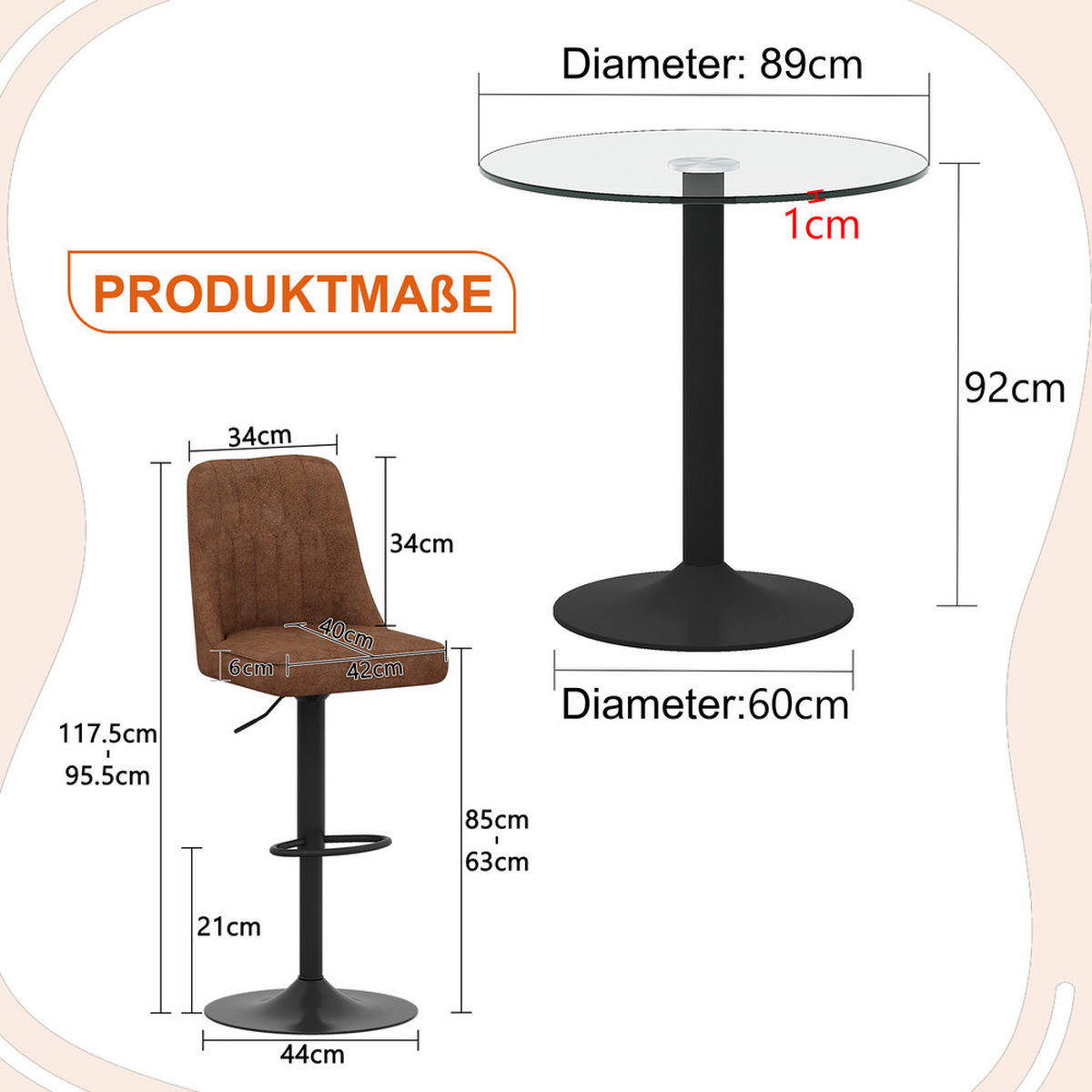 TISCHGRUPPE 3-tlg Glastisch 89cm mit 2 drehbaren Barhockern - Braun, Glas/Metall (56/50/61cm) - Raelunyi