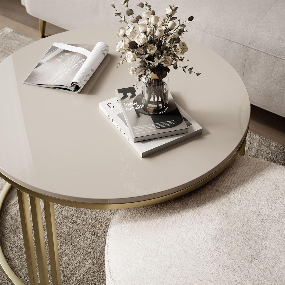 COUCHTISCH mit Hocker LORI Hochglanz gebürstetes Gold/glänzender Kaschmir/Perfect Harmony 01 - Kaschmir, Metall (70/70/49cm) - Lookway