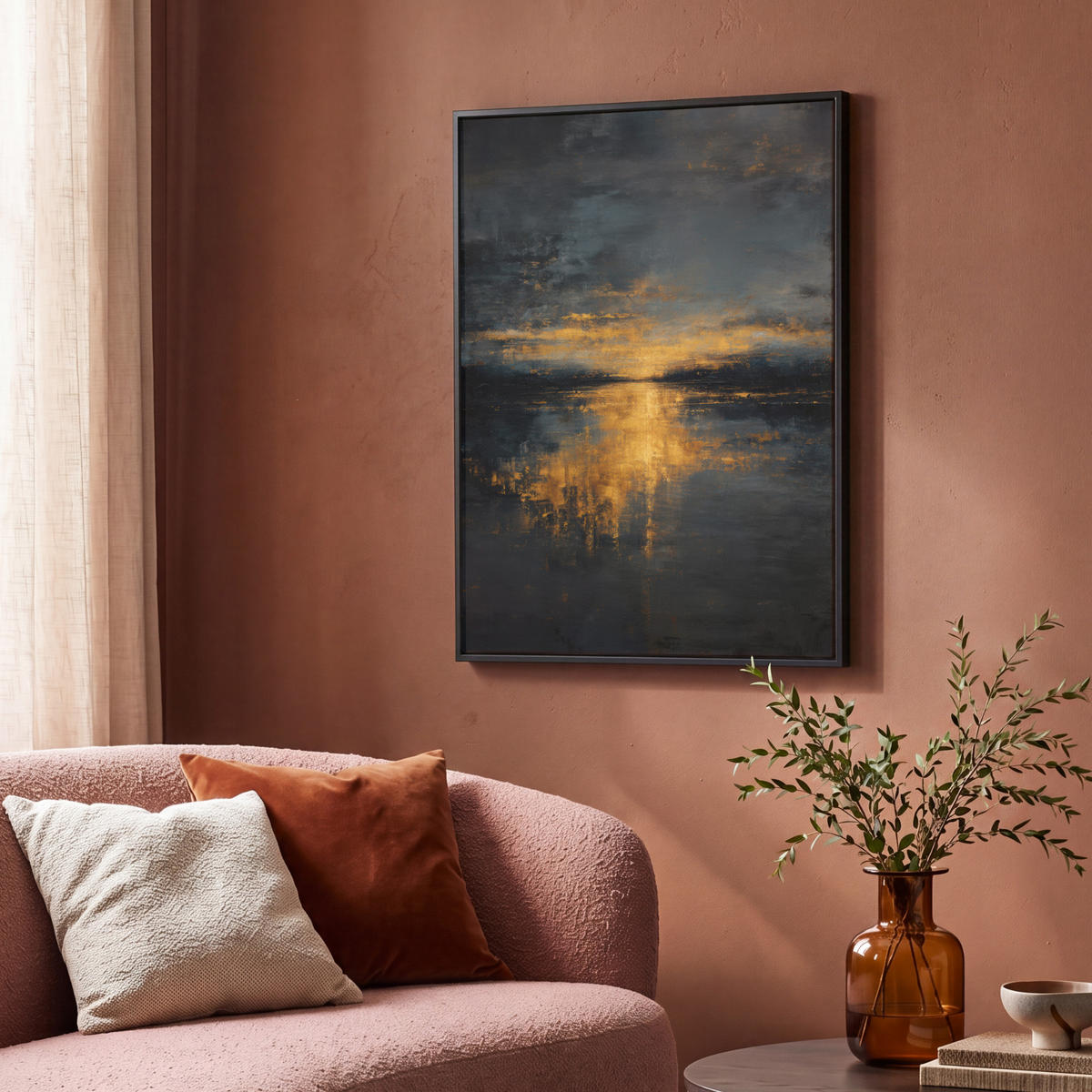 LEINWAND Bilder mit Rahmen - Goldene Reflexion auf dem Wasser - 70x100 - Anthrazit, Textil (70/100cm) - MuchoWow