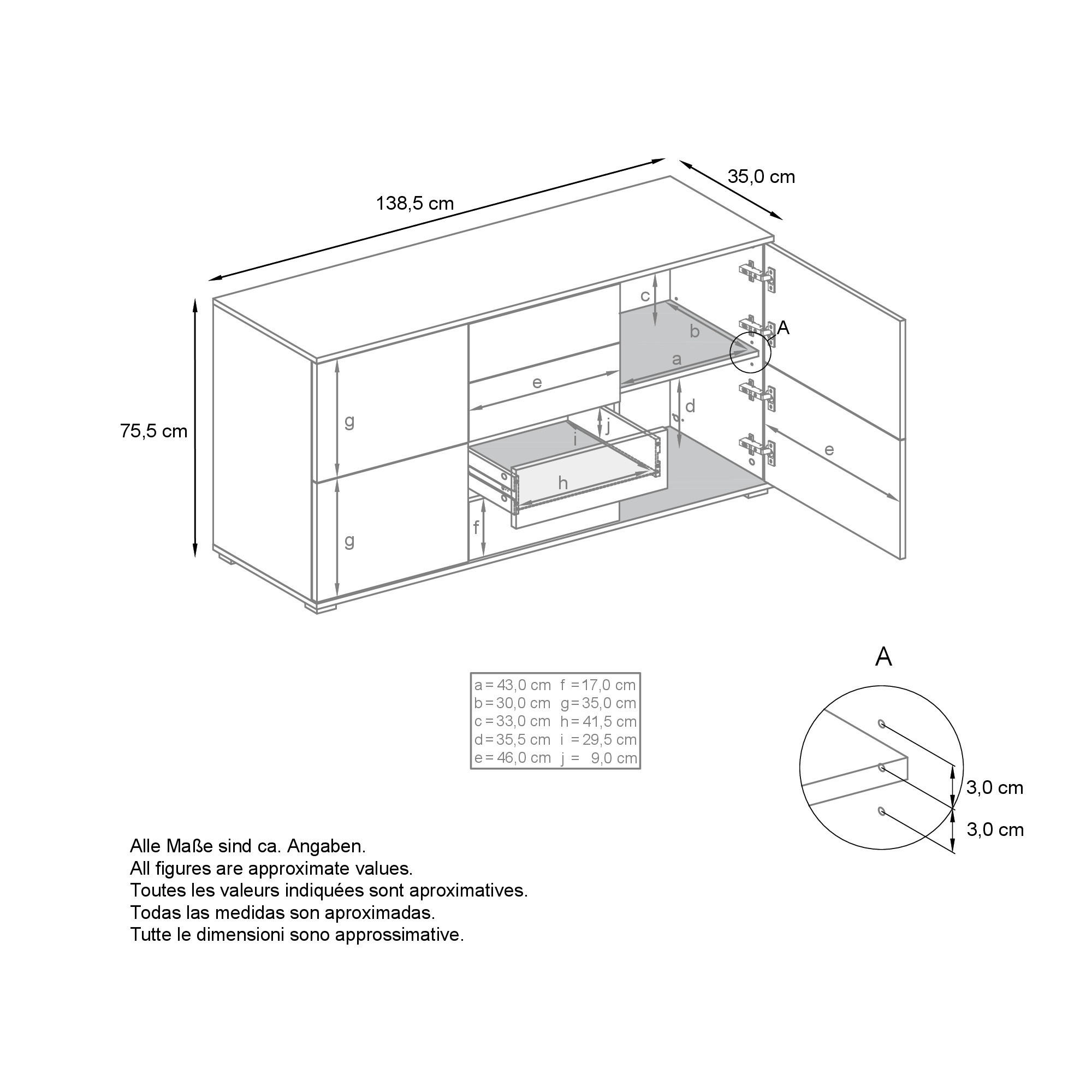 Thumbnail - Vladon Sideboard, Weiß Hochglanz, Holzwerkstoff, 138.5x75.5x35 cm, Wohnzimmer, Kommoden & Sideboards, Sideboards