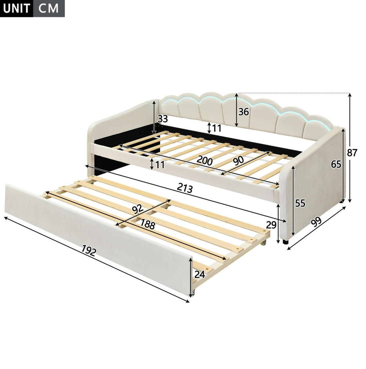 POLSTERBETT 90/200 cm Beige aus Samt mit Ausziehbett und LED-Beleuchtung - Beige, Textil (90/200cm) - OKMYHOME