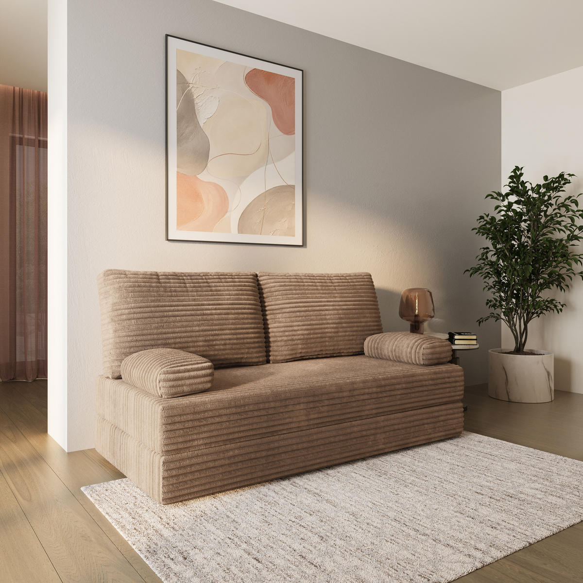 BETTSOFA SILAR aus Schaumstoff Cordstoff Beige Schlaffunktion - Beige, Textil (170/86/80cm) - MASSENO