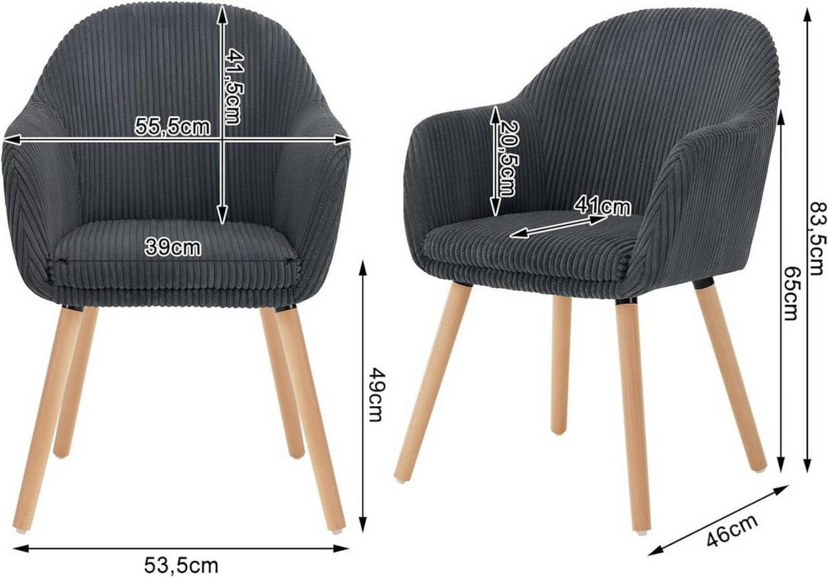 ESSZIMMERSTUHL 2er Set Polsterstuhl, Cord, Holzbeine, Dunkelgrau - Eichefarben/Dunkelgrau, Holz/Kunststoff (55.5/83.5/56.5cm) - Woltu