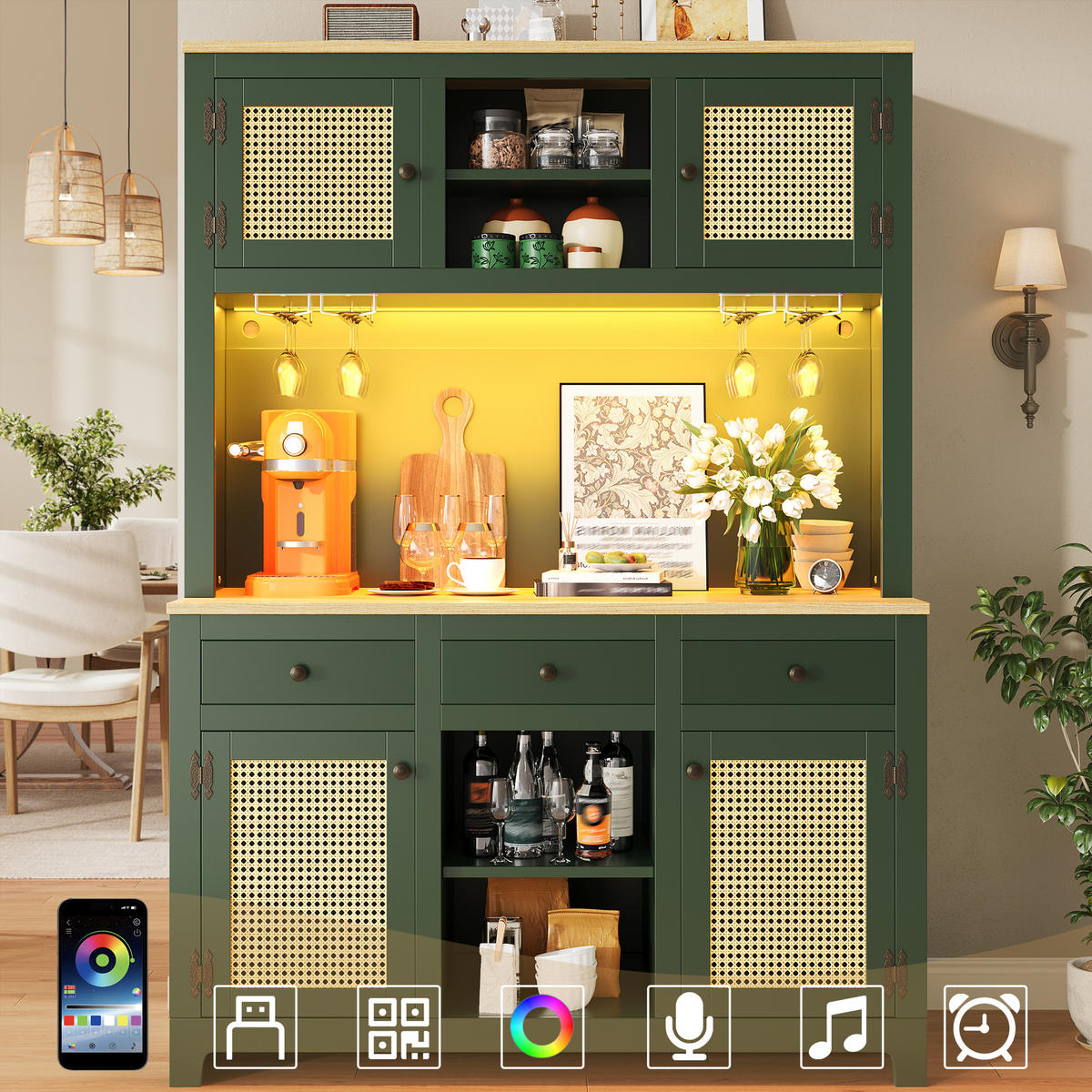 BUFFET Multifunktionaler Aufbewahrungsschrank mit Rattan-Front, LED & Kippsicherung - Grün, Holzwerkstoff (120/180/40cm) - EVRYAE