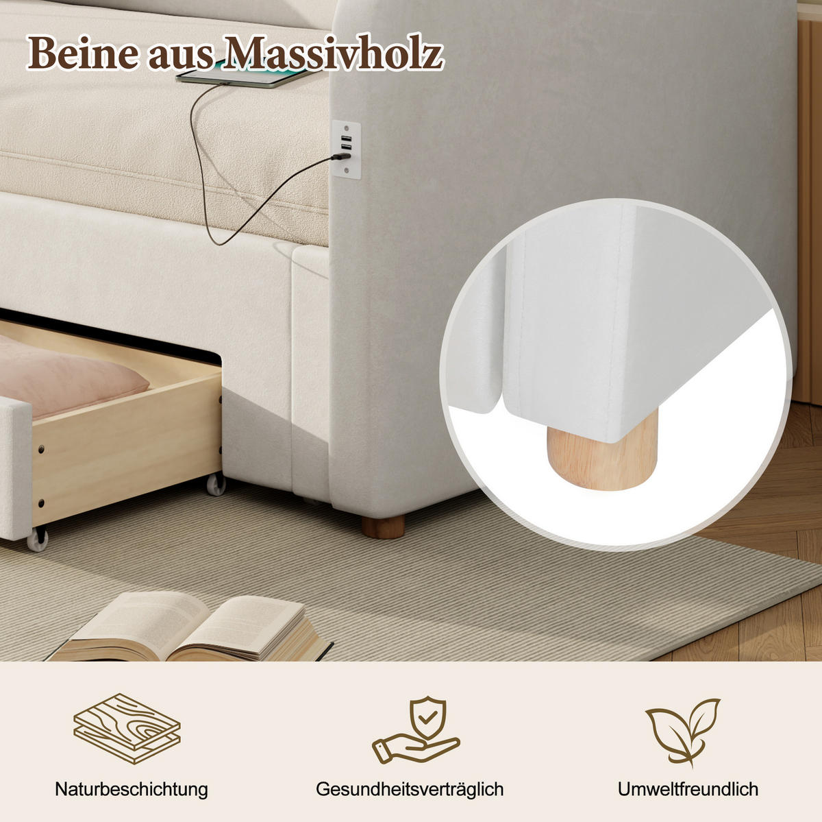 ČALOUNĚNÁ postel 90/200 cm, rozkládací na 180/200 cm, 2 zásuvky, USB a USB-C, samet, Béžová - béžová, textil (90/200cm) - Redom