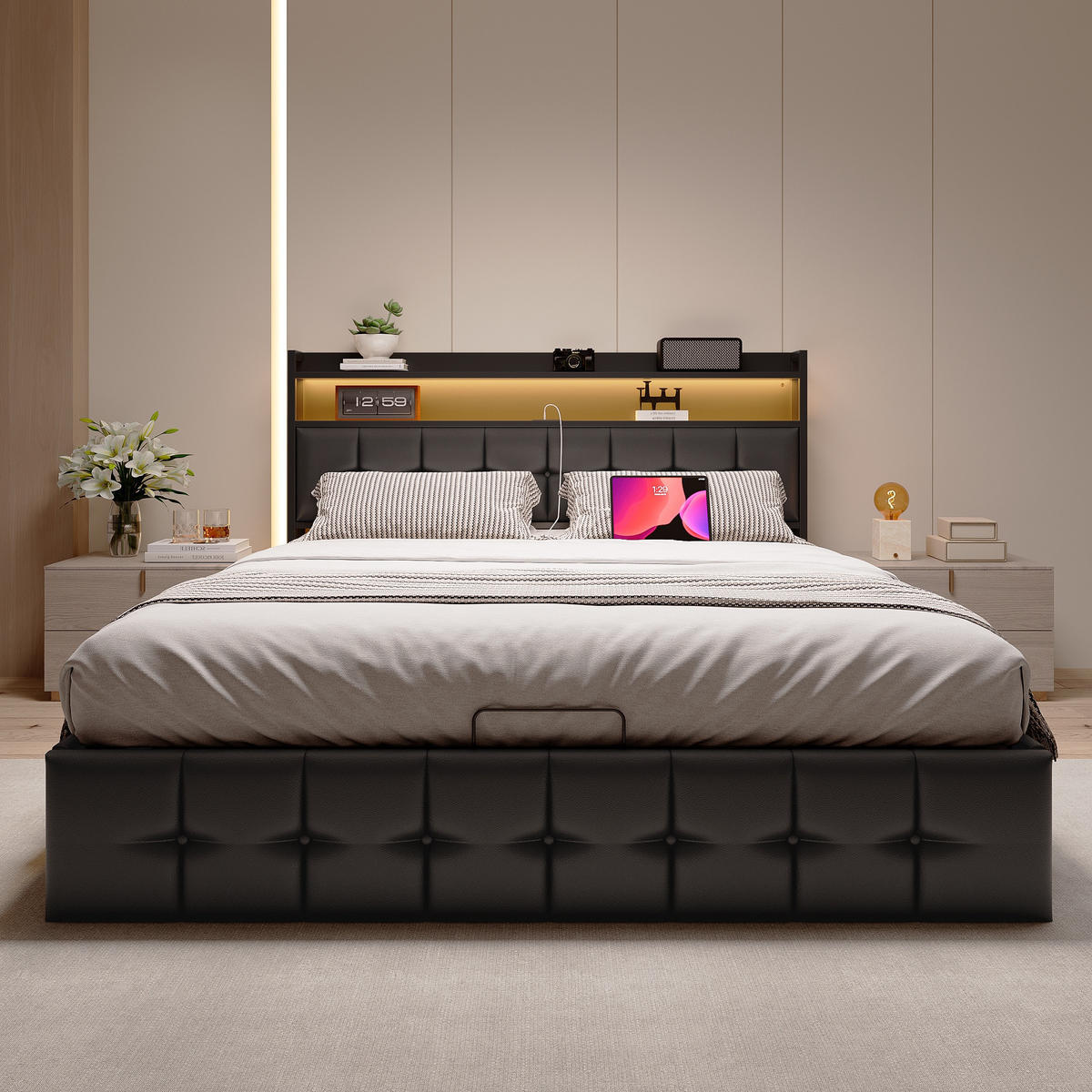 POLSTERBETT 140x200 cm Smart-Lift Elite mit Hydraulik-Stauraum, RGB-LED & Ladestation, Kunstleder, Schwarz - Schwarz, Textil (140/200cm) - DELFA