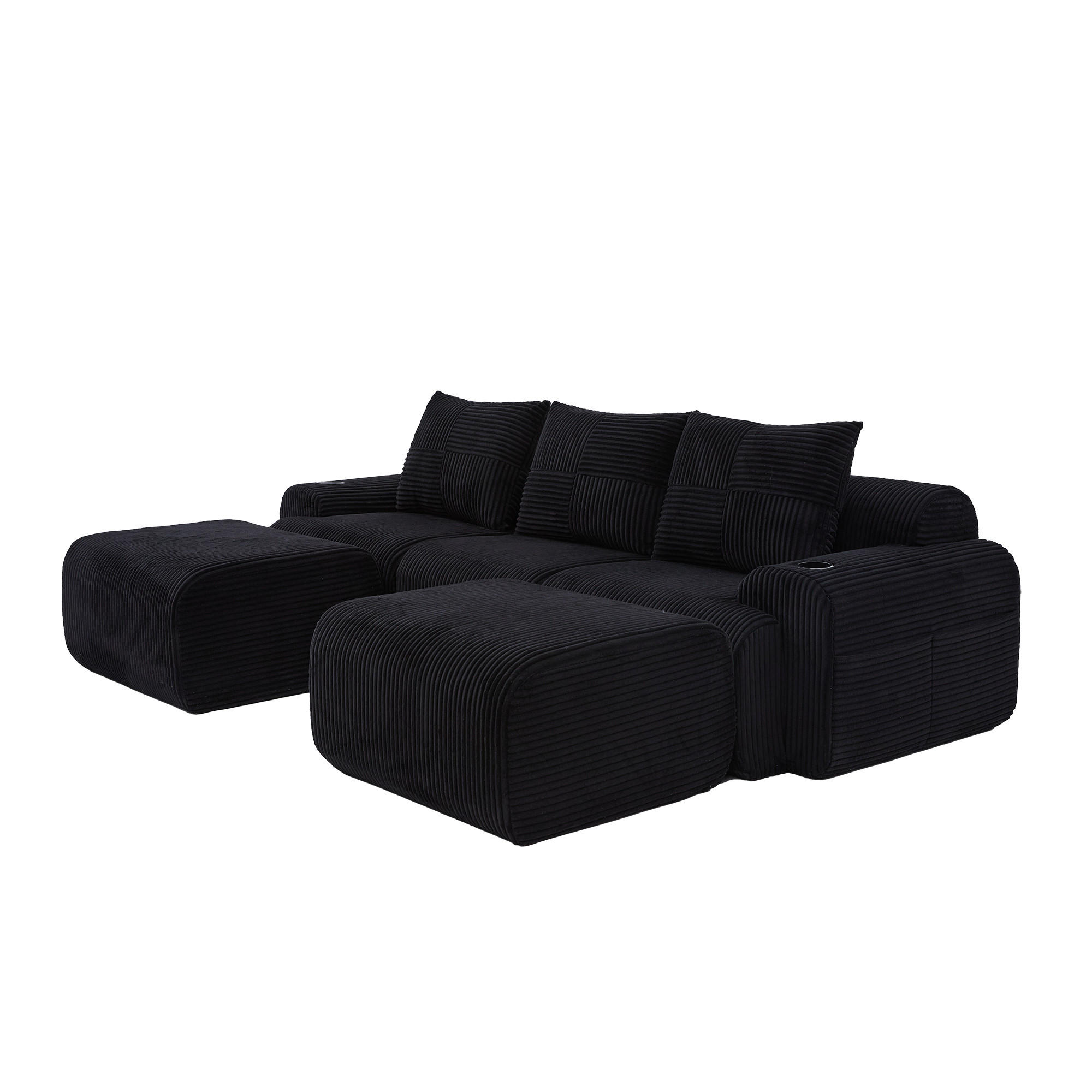 3-SITZER-SOFA aus Cord 268x174x80 cm mit Cupholder & Seitentasche, schwarz - Schwarz, Textil (174/80/268cm)