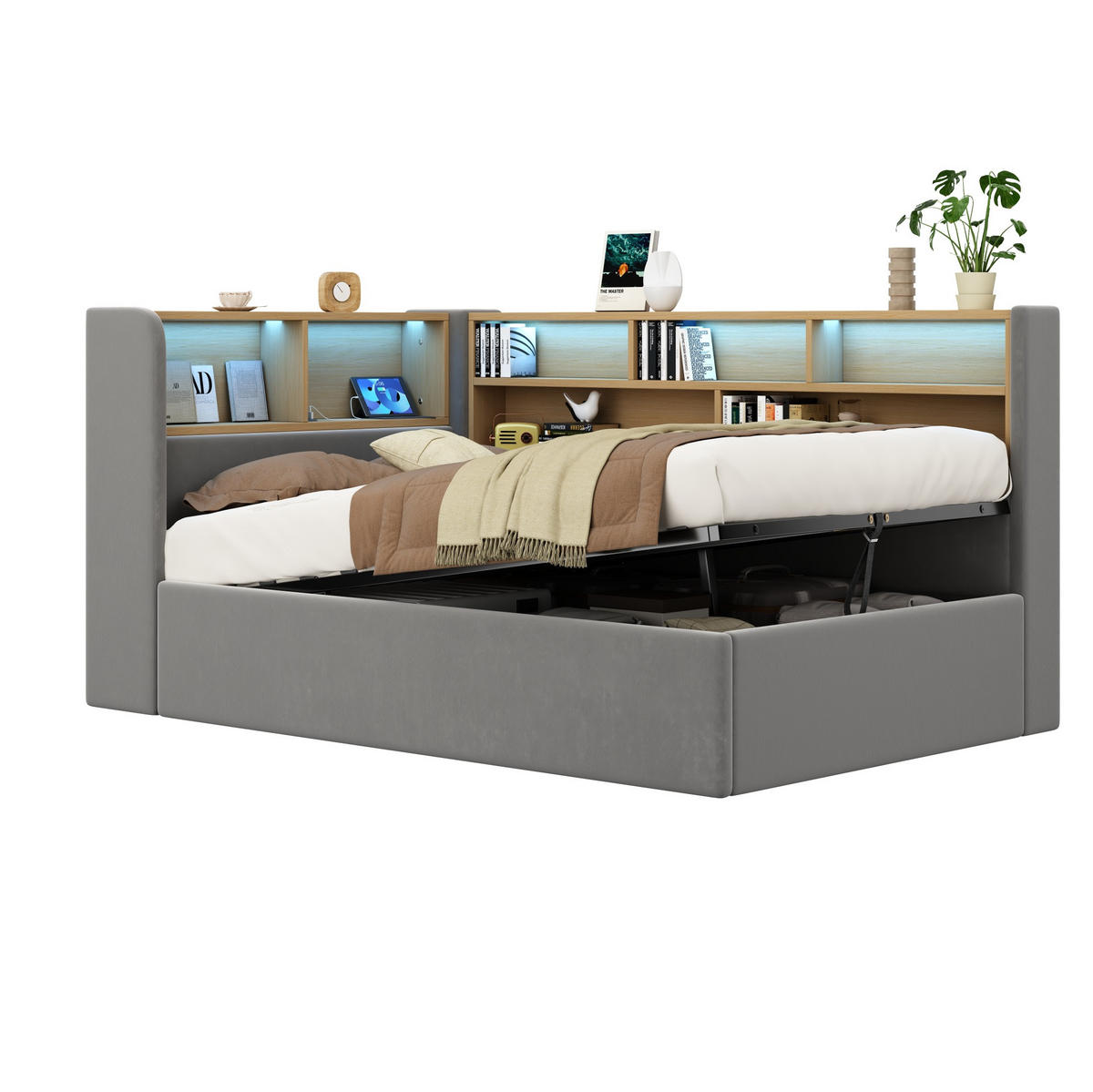 DENNÁ posteľ 90/200 cm sivá zo zamatu s hydraulickým úložným priestorom, LED a USB-C - sivá, textil (90/200cm) - OKWISH
