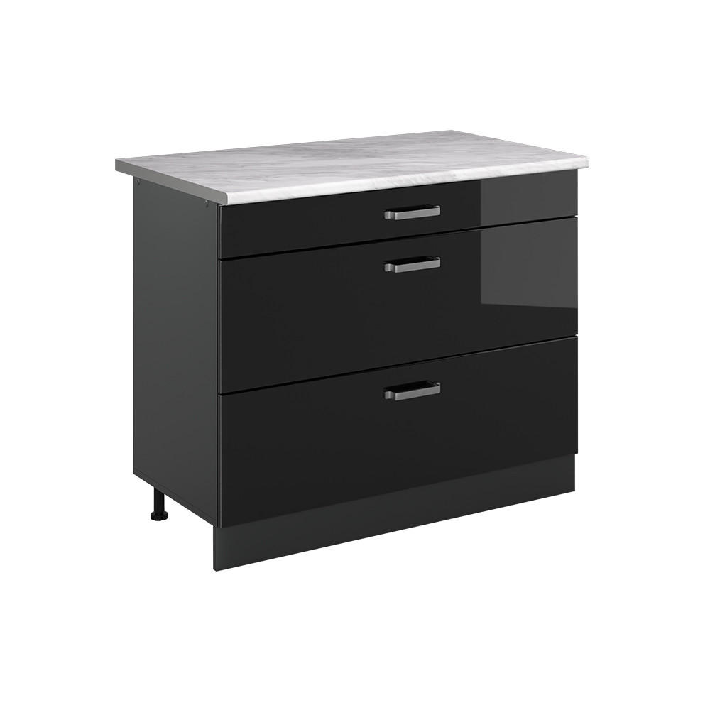 KÜCHENUNTERSCHRANK R-Line, Schwarz Hochglanz/Anthrazit, 100 cm Arbeitsplatte Marmor - Schwarz Hochglanz/Anthrazit, Holzwerkstoff (100/81.6/60cm) - Vicco