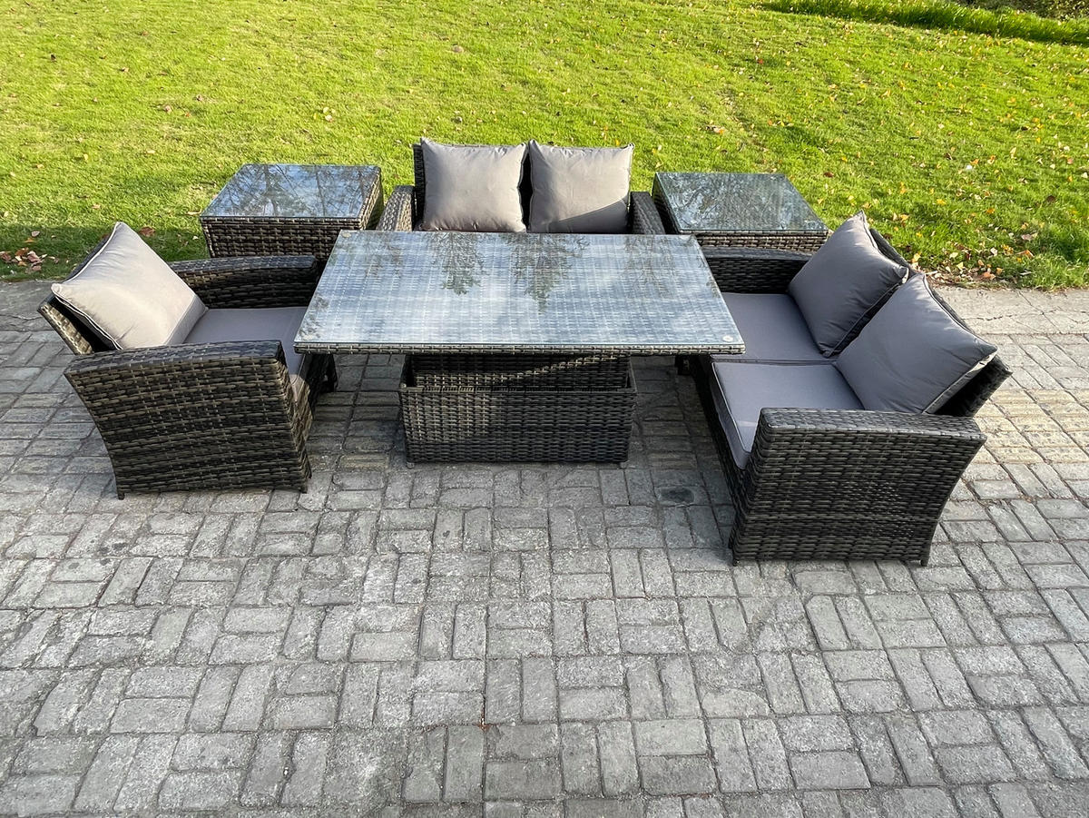 GARTENMÖBEL SET mit höhenverstellbarer Tisch Polyrattan Dunkelgrau 5-Sitzer - Dunkelgrau, Metall - Fimous