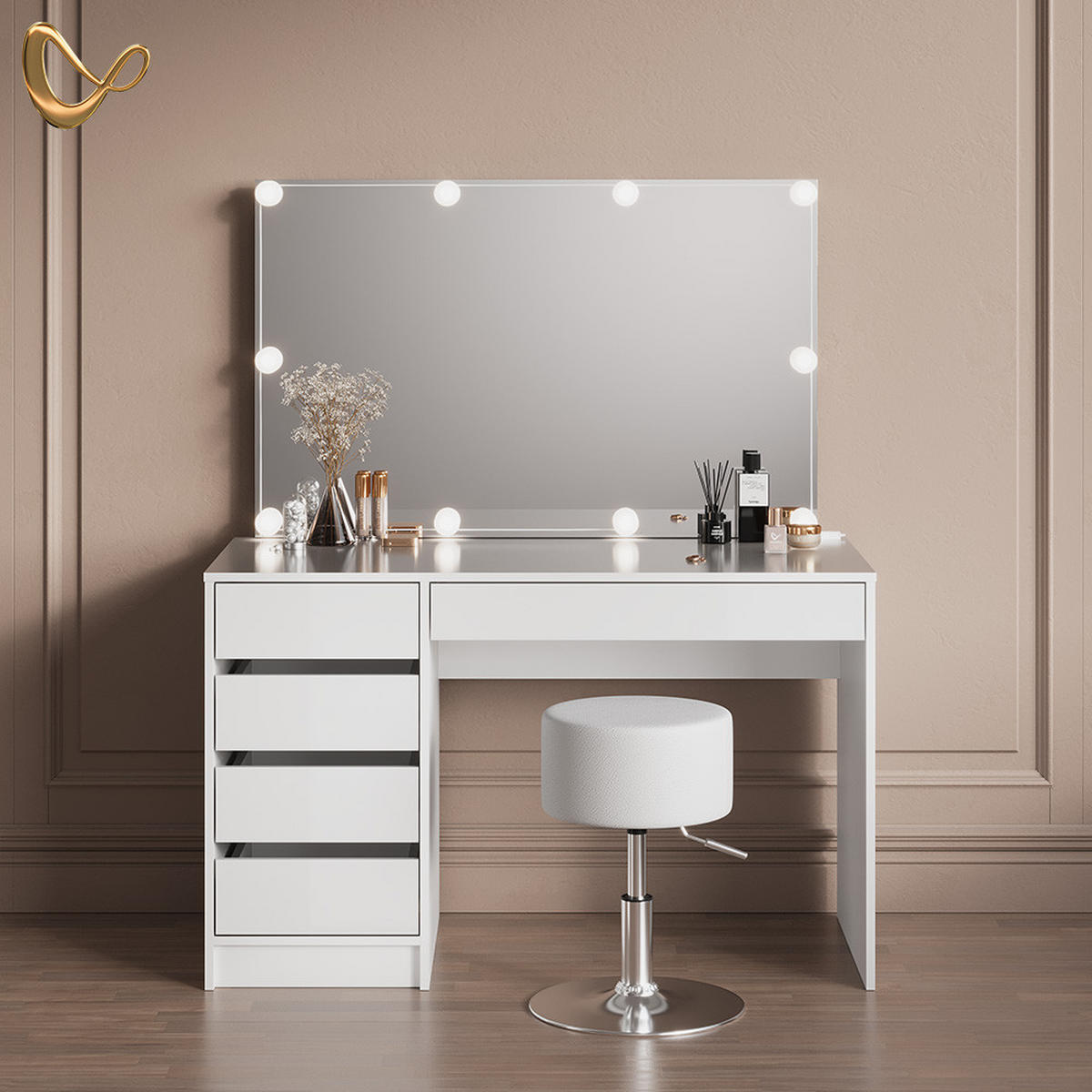 SCHMINKTISCH Imola Weiß mit LED Beleuchtung und Hocker - Weiß, Holzwerkstoff (120/75/55cm) - Livinity®