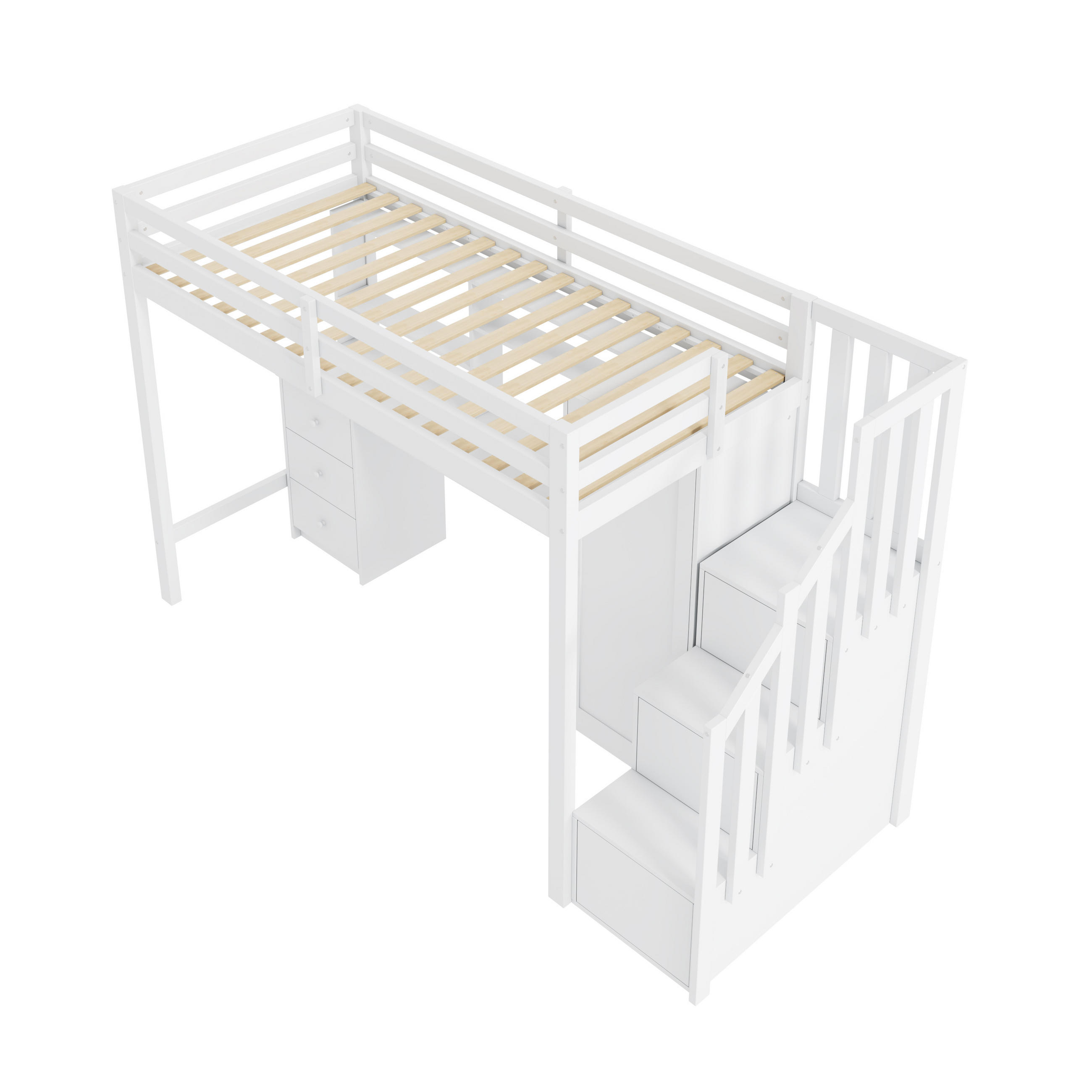 ETAGENBETT 90/200 cm DE-02634, mit Schreibtisch, Kleiderschrank und Treppe, in Weiß - Weiß, Holz/Holzwerkstoff (90/200cm) - ComfortXL