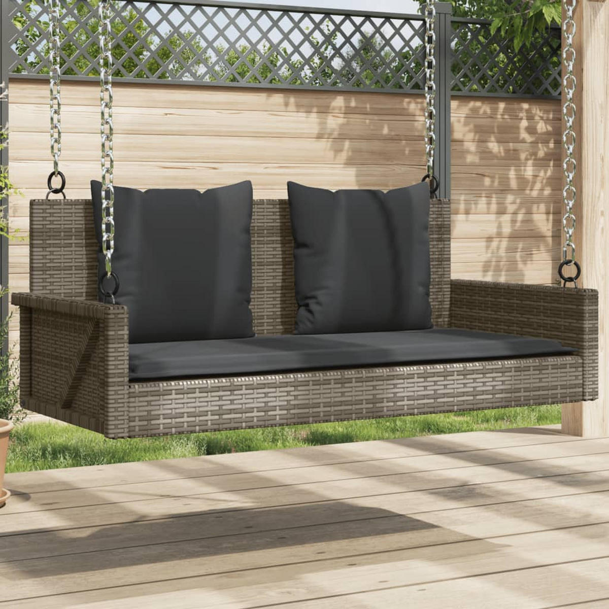 HÄNGEBANK mit Kissen Grau 119x56x48 cm Poly Rattan - Grau, Holz (119/48/56cm) - furnicato