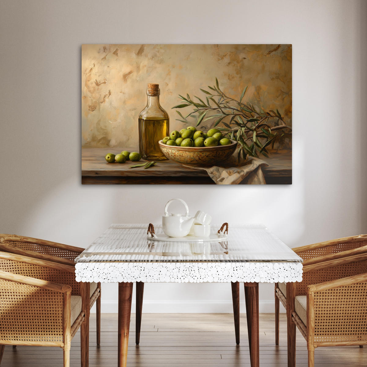 LEINWANDBILD Oliven - Stilleben - Vintage Wohnzimmer 120x80 cm - Olivgrün, Textil (120/80cm) - MuchoWow