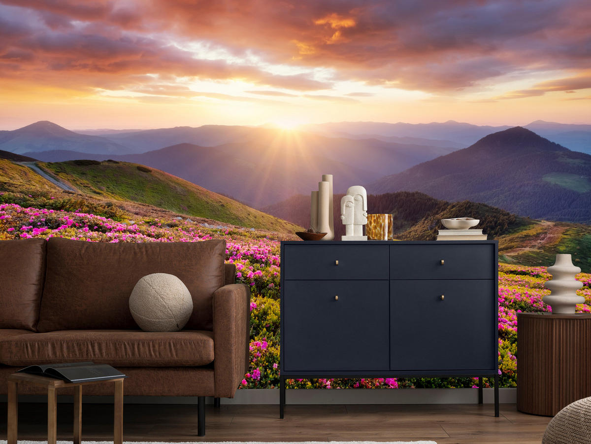 FOTOTAPETE für Wohnzimmer Sonnenuntergang Berge Wiese Blumen 450x315 - Violett/Rosa, Papier (450/315cm) - Muralo