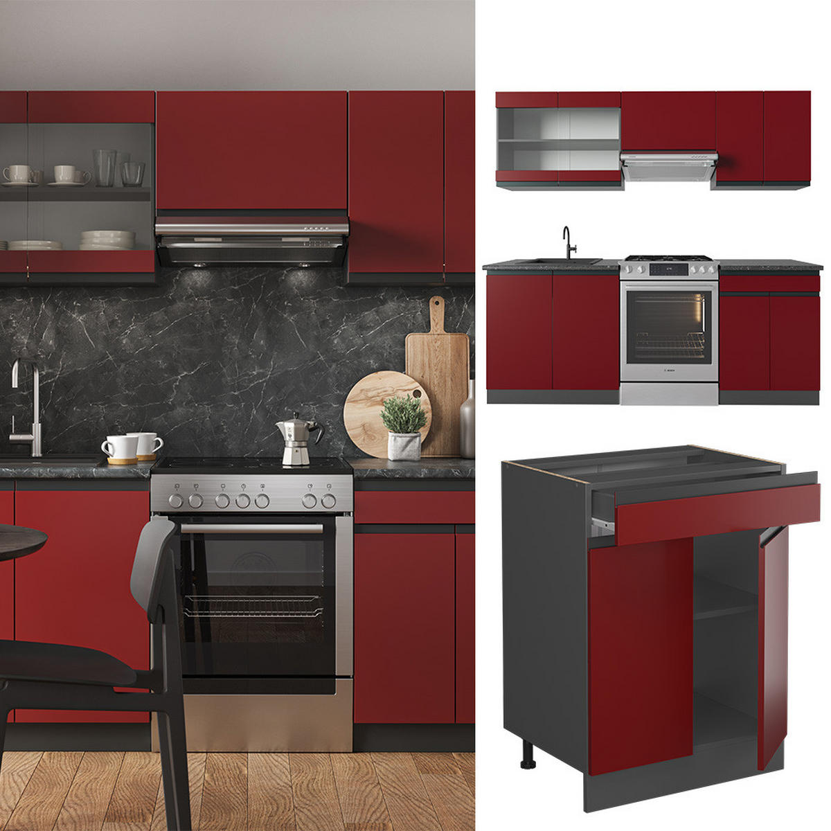 KÜCHENZEILE R-Line Rot/Anthrazit 200 cm, AP Marmor - Anthrazit/Rot, Holzwerkstoff (200/81.6/60cm) - Vicco