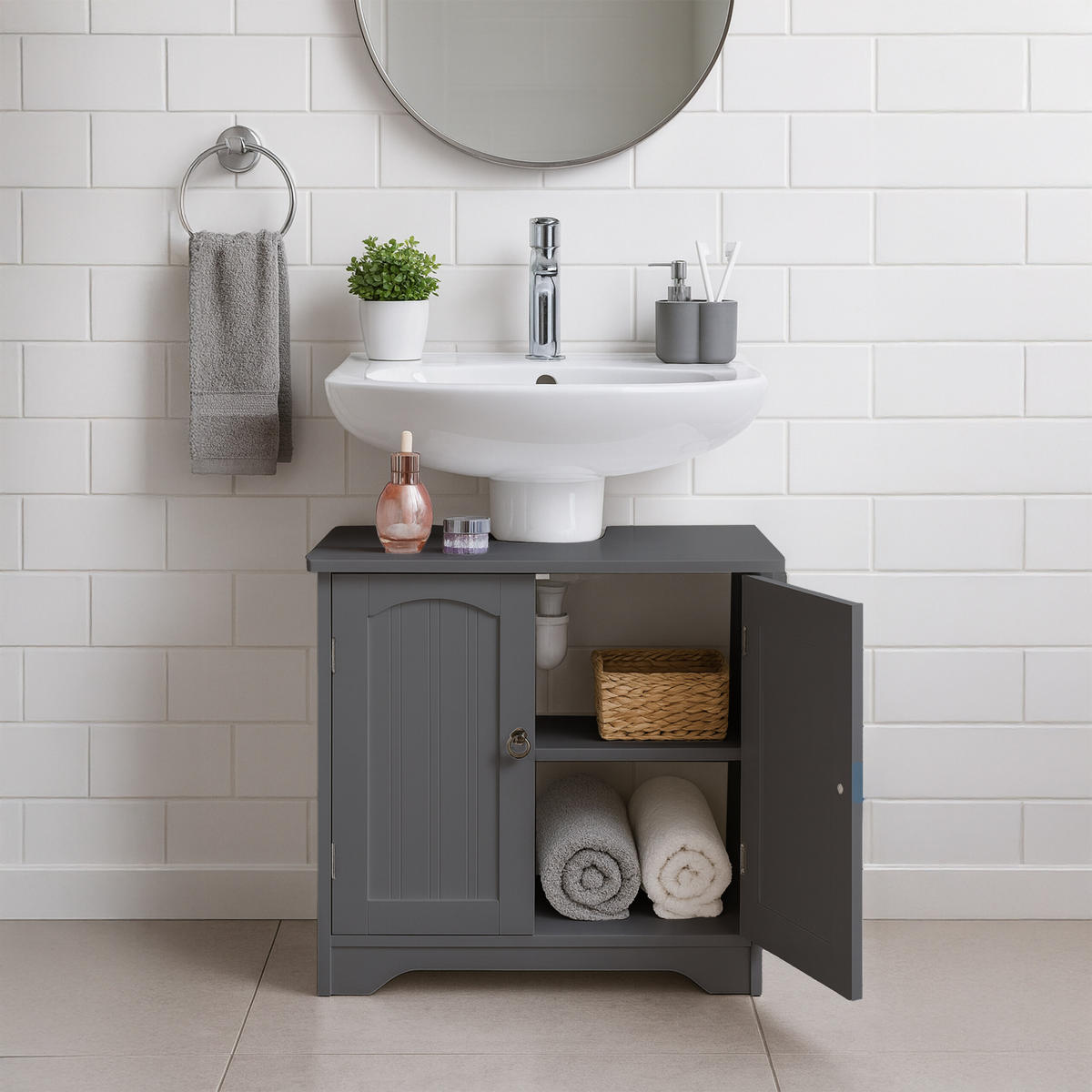 WASCHBECKENUNTERSCHRANK - Grau, Holzwerkstoff/Metall (60/60/30cm) - Relaxdays