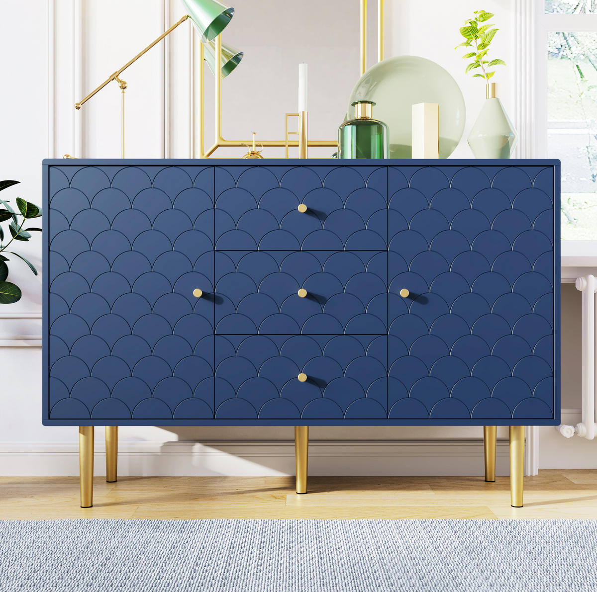 KOMMODE aus Holz und Metall 120x40x83 cm Marineblau mit 2 Türen, 3 Schubladen und verstellbarem Einlegeboden - Dunkelblau, Metall (120/83/40cm) - Modfu