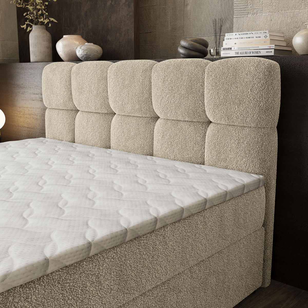 BOXBETT BRUME 180x200 cm mit Matratze und Topper, H2+H3 - Creme - Creme, Holz (180/200cm) - MASSENO