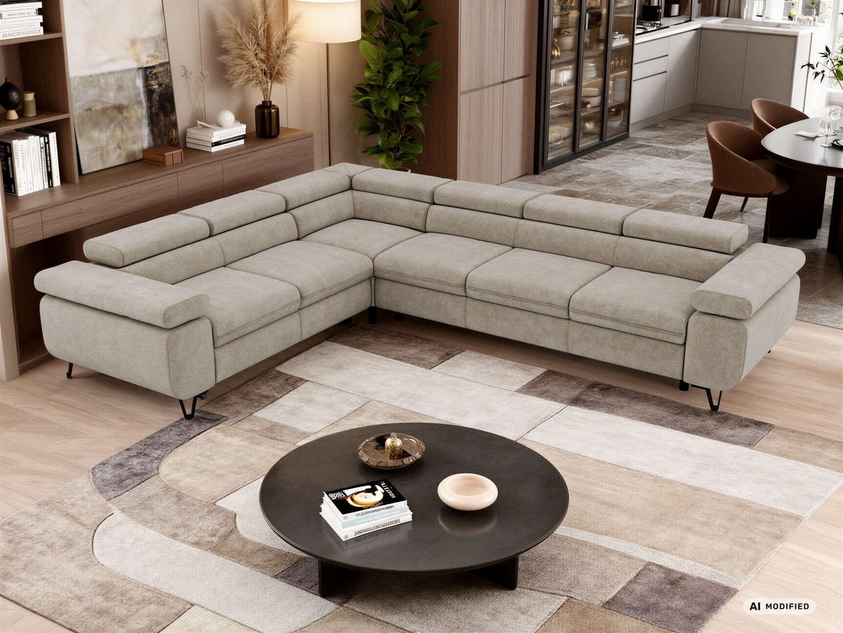ECKSOFA NORDEN L - Greige Stukture - Rechts Seite - Greige/Schwarz, Textil/Metall (329/269cm) - MKS