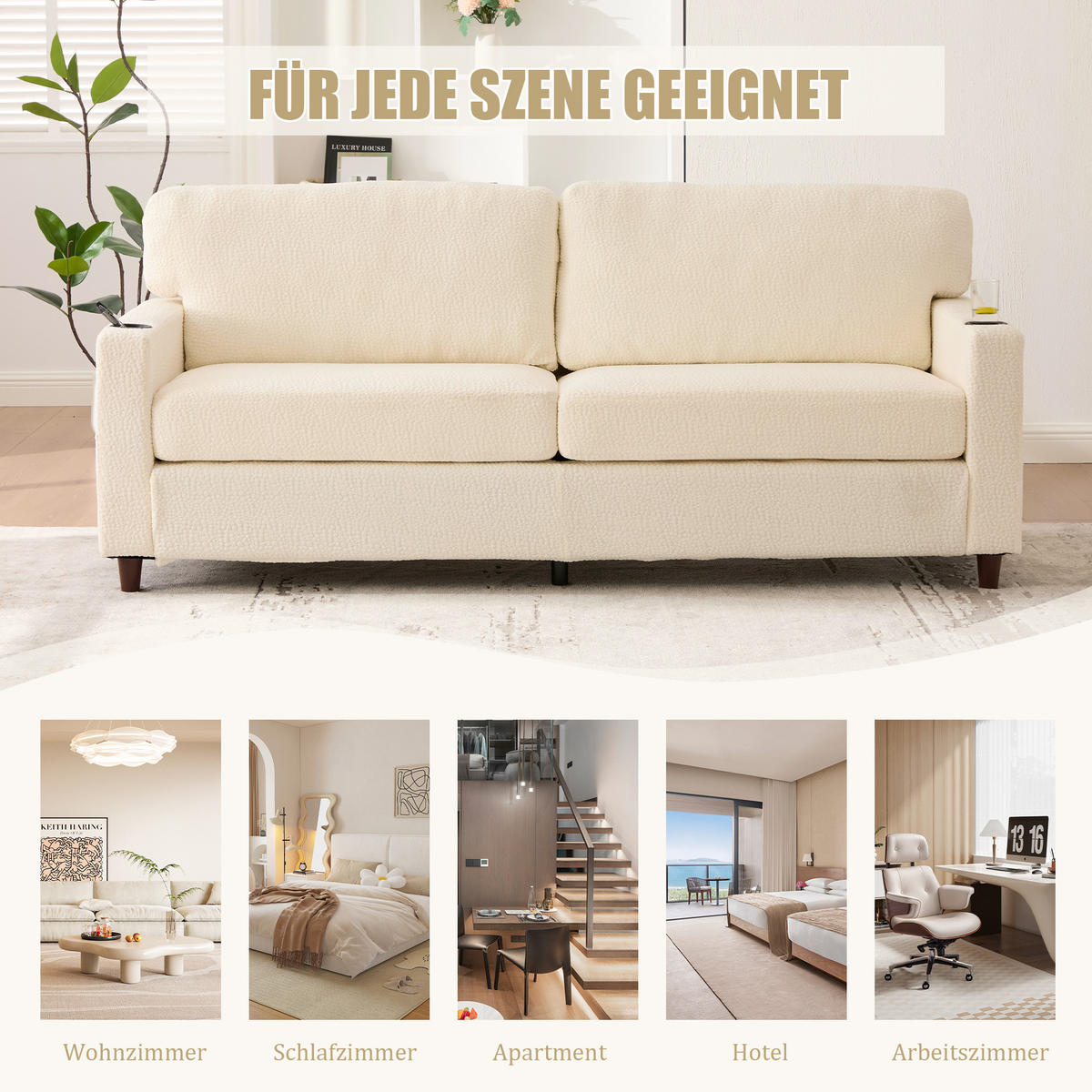ZWEISITZER Sofa Chenille mit USB-Anschluss und LED-Licht 203/77,5/86 cm Beige - Beige, Textil (77.5/86/203cm) - Redom
