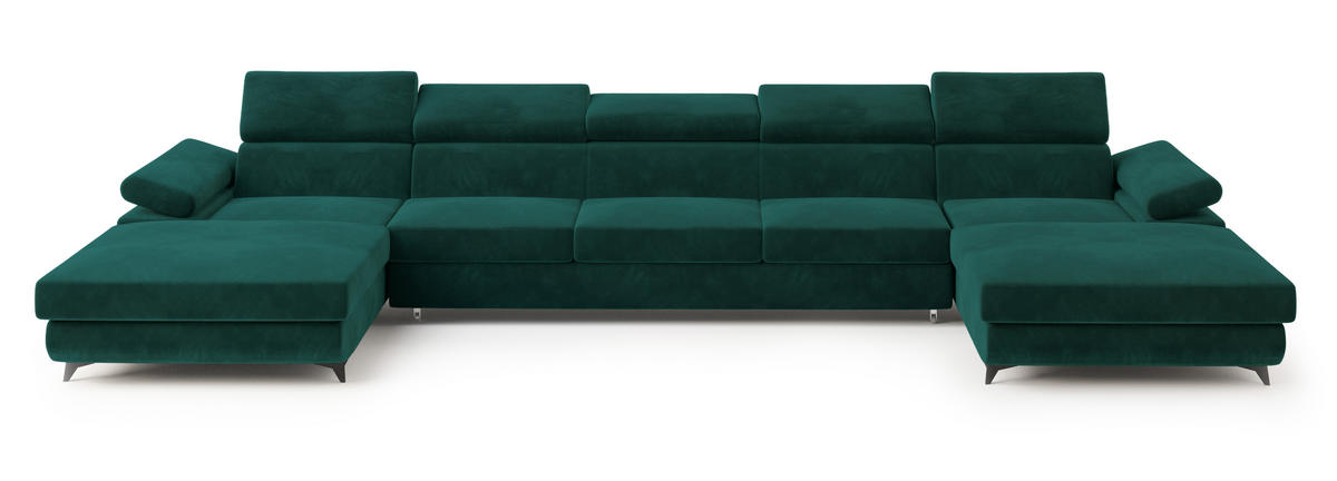 WOHNLANDSCHAFT VIVENTE Grün Velours-Stoff mit Schlaffunktion - Grün, Holz (410/89/190cm) - MASSENO