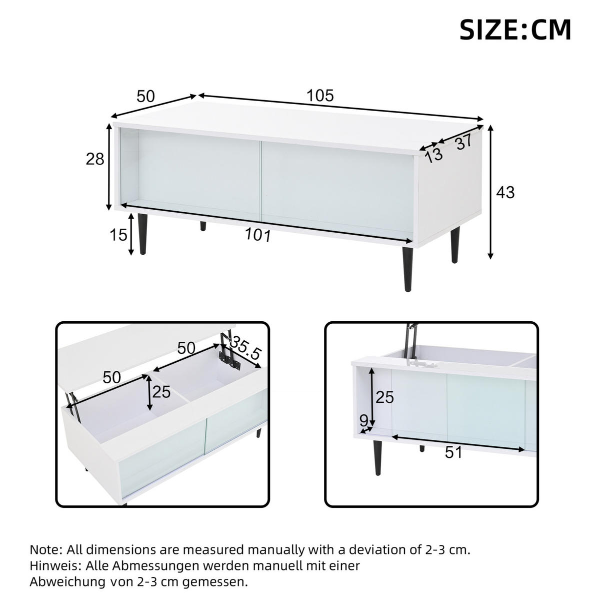 COUCHTISCH 105/50/43 cm höhenverstellbar mit Stauraum und LED-Beleuchtung in Weiß - Weiß, Holzwerkstoff (105/50/43cm) - Flora Grace