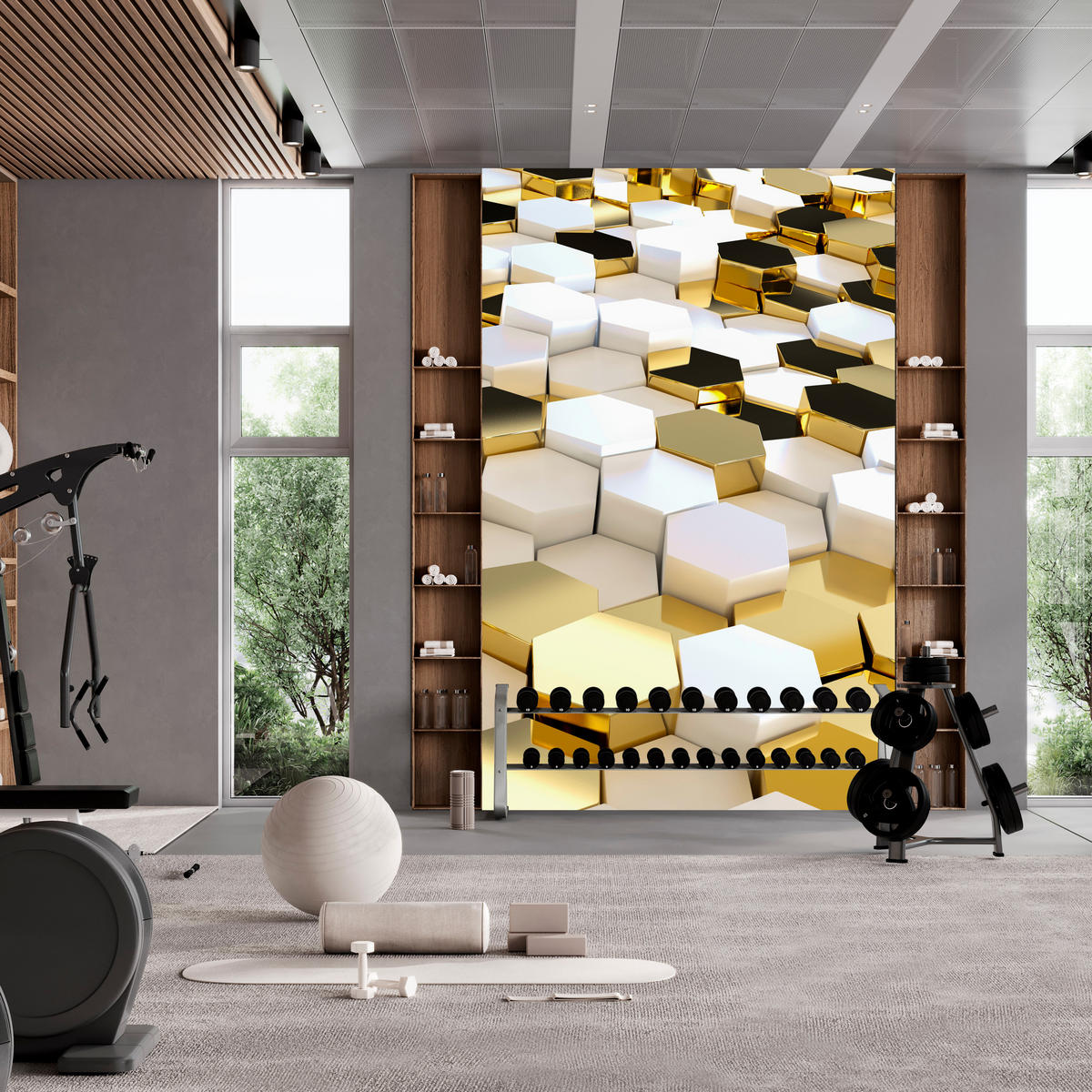 FOTOTAPETE für Büro Futuristisch Goldene Hexagone Formen Geometrie 500x350 - Gelb/Goldfarben, Papier (500/350cm) - Muralo