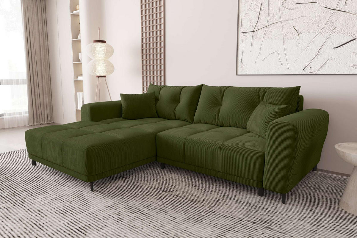 ECKSOFA Massimo Cordstoff Olivgrün inkl. Schlaffunktion Links - Schwarz/Olivgrün, Textil/Metall (246/177cm) - 99rooms