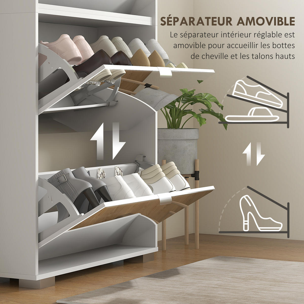 SCHUHSCHRANK DE-15004 4 Klapptüren mit Spiegel & höhenverstellbaren Böden - Weiß, Holzwerkstoff (76/168/26cm) - ComfortXL